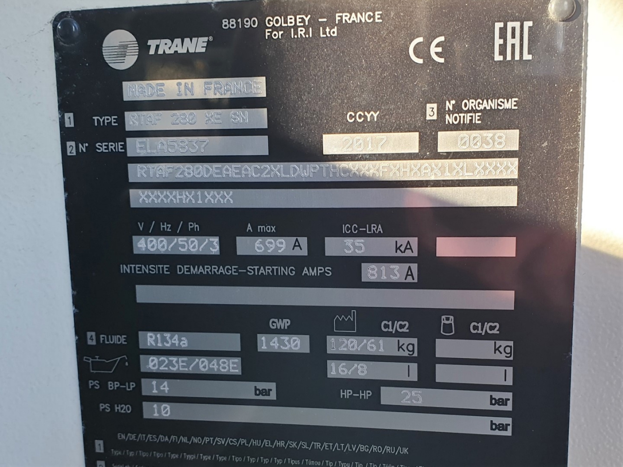 Trane RTAF 280 XE SN air cooled chiller HOS BV